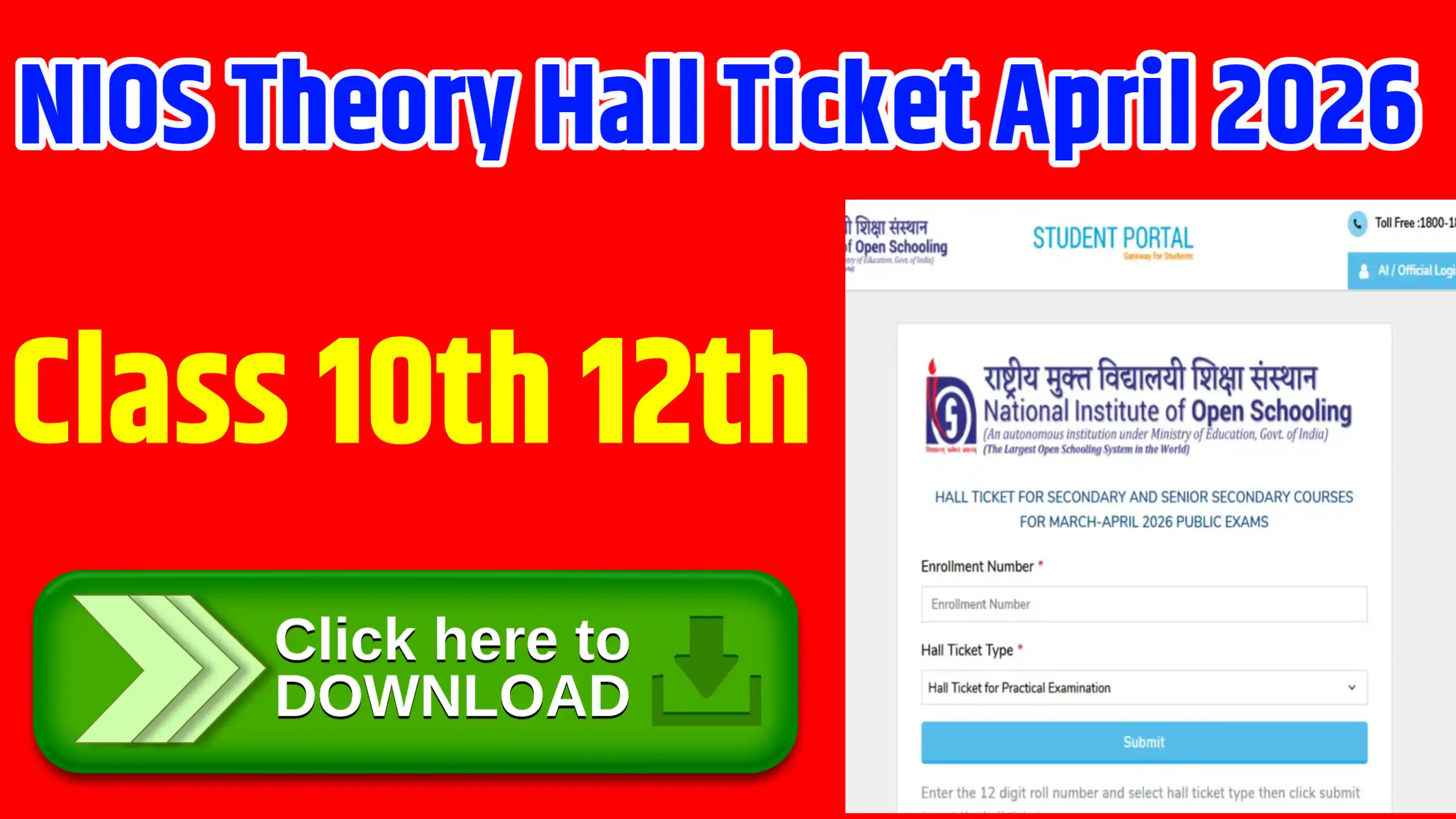 NIOS Theory Hall Ticket April 2026 Class 10th 12th Download Link
